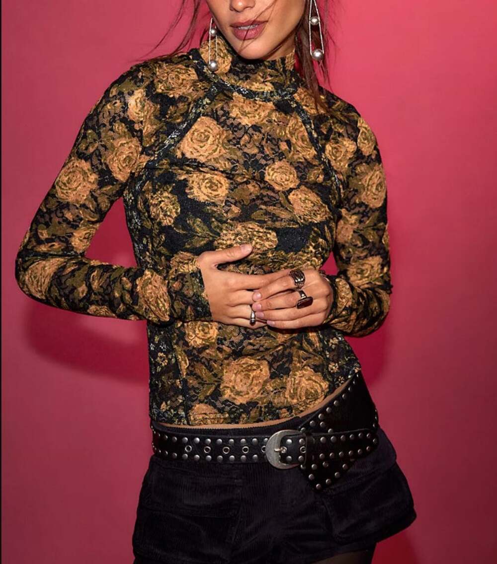 Free People Lyric Sheer Floral Lace Turtleneck Top Black Yellow Womens M